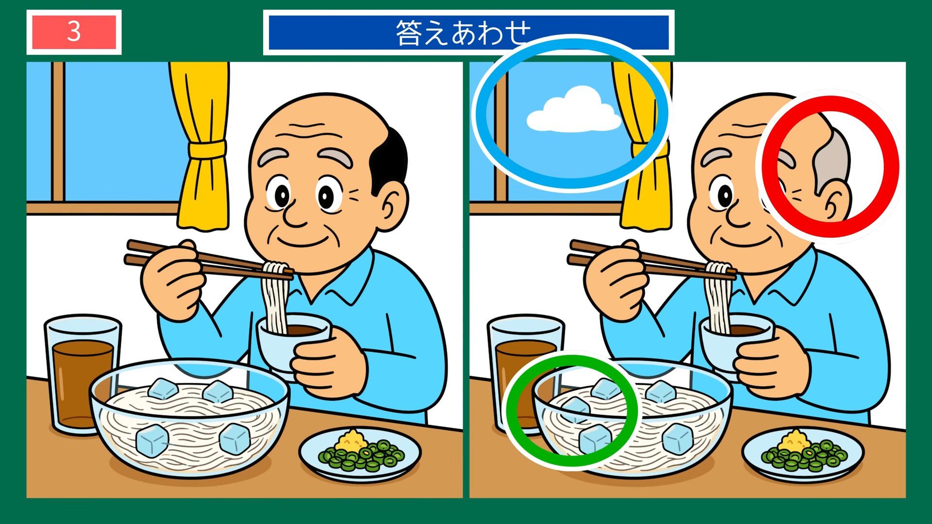 四季の楽しみの間違い探し 第3問 冷たいそうめんの答え