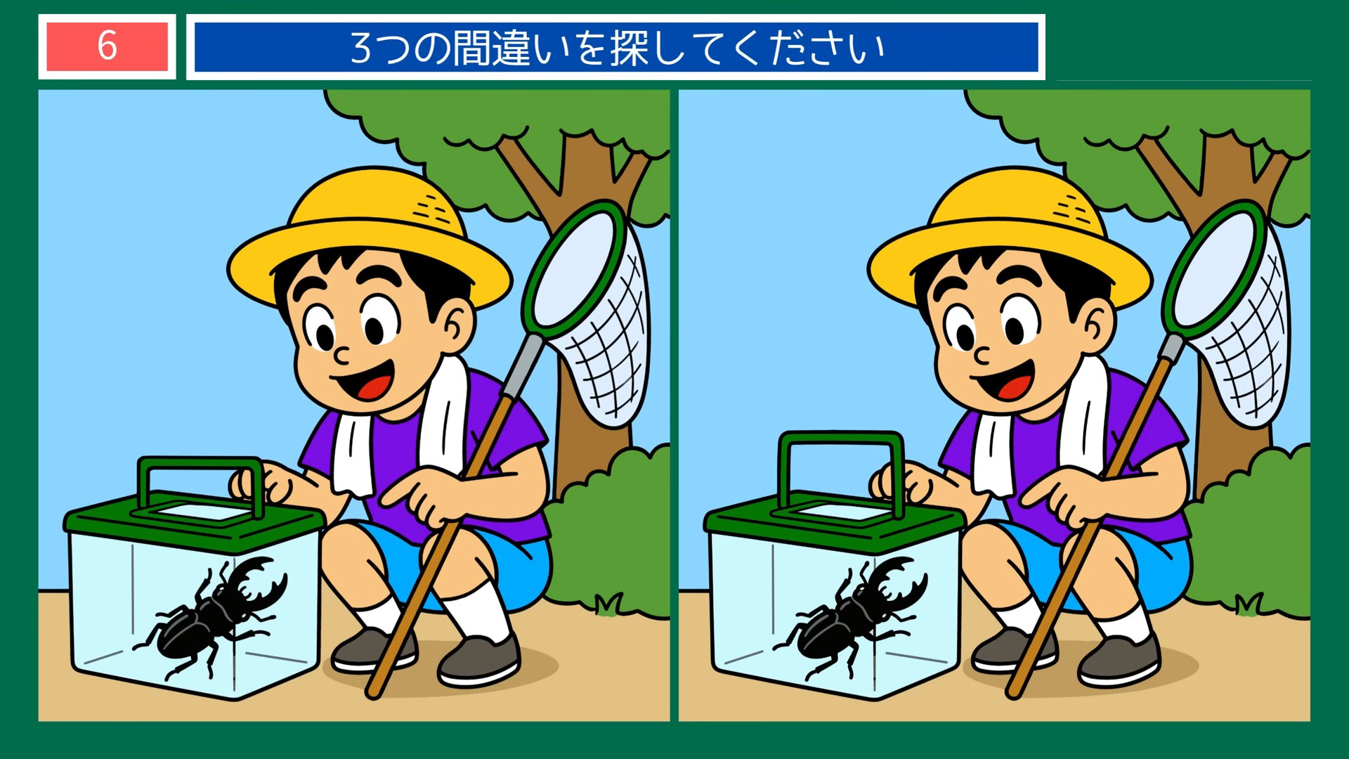 四季の楽しみの間違い探し 第5問 虫とりの問題イラスト