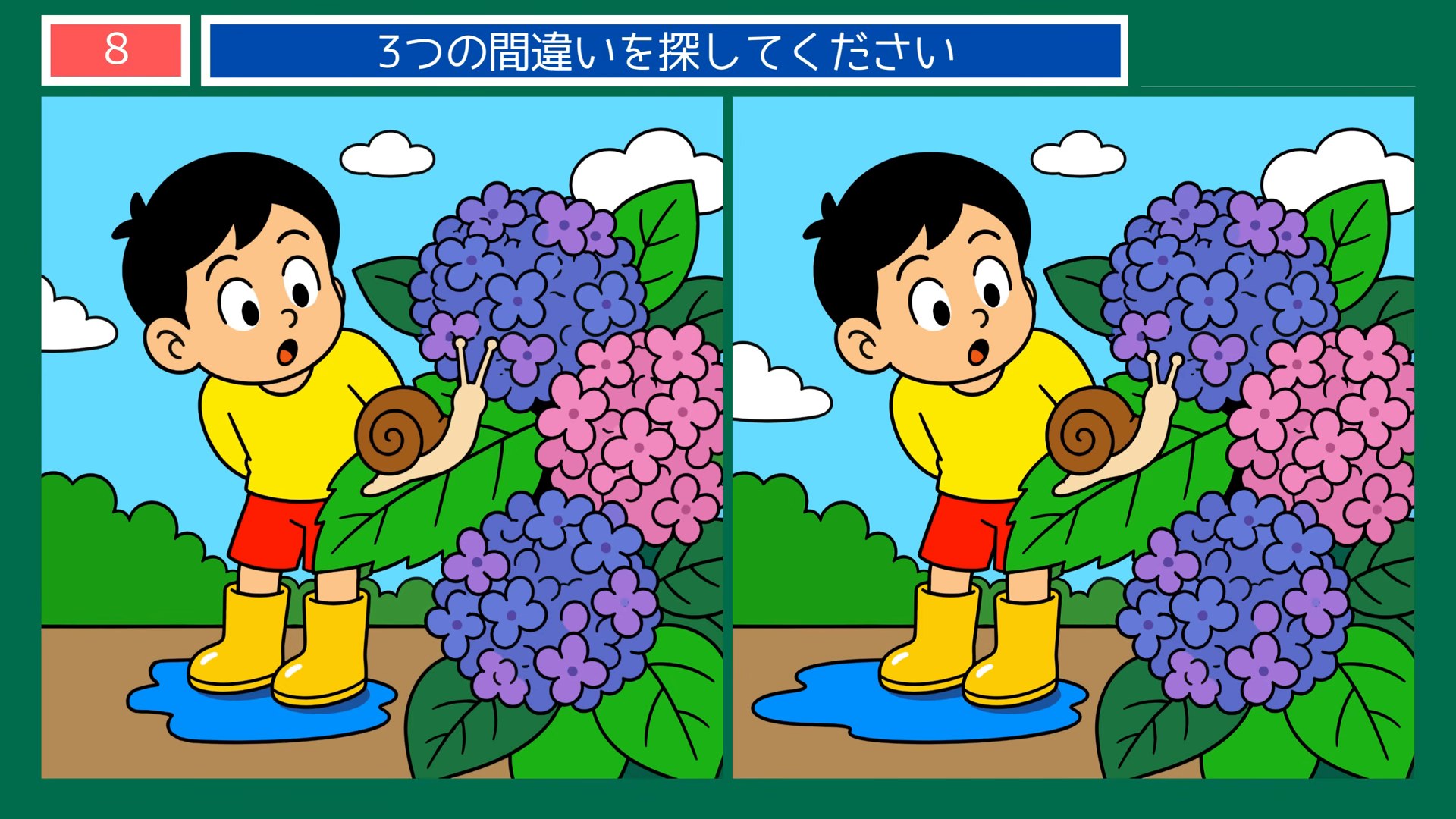 初夏の暮らしの間違い探し 第8問 あじさいとかたつむりの問題イラスト