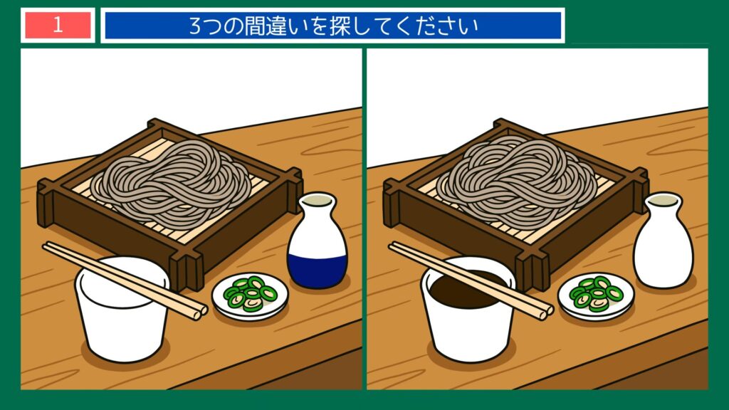 食事と手仕事の間違い探し 第1問 ざるそばの膳の問題イラスト