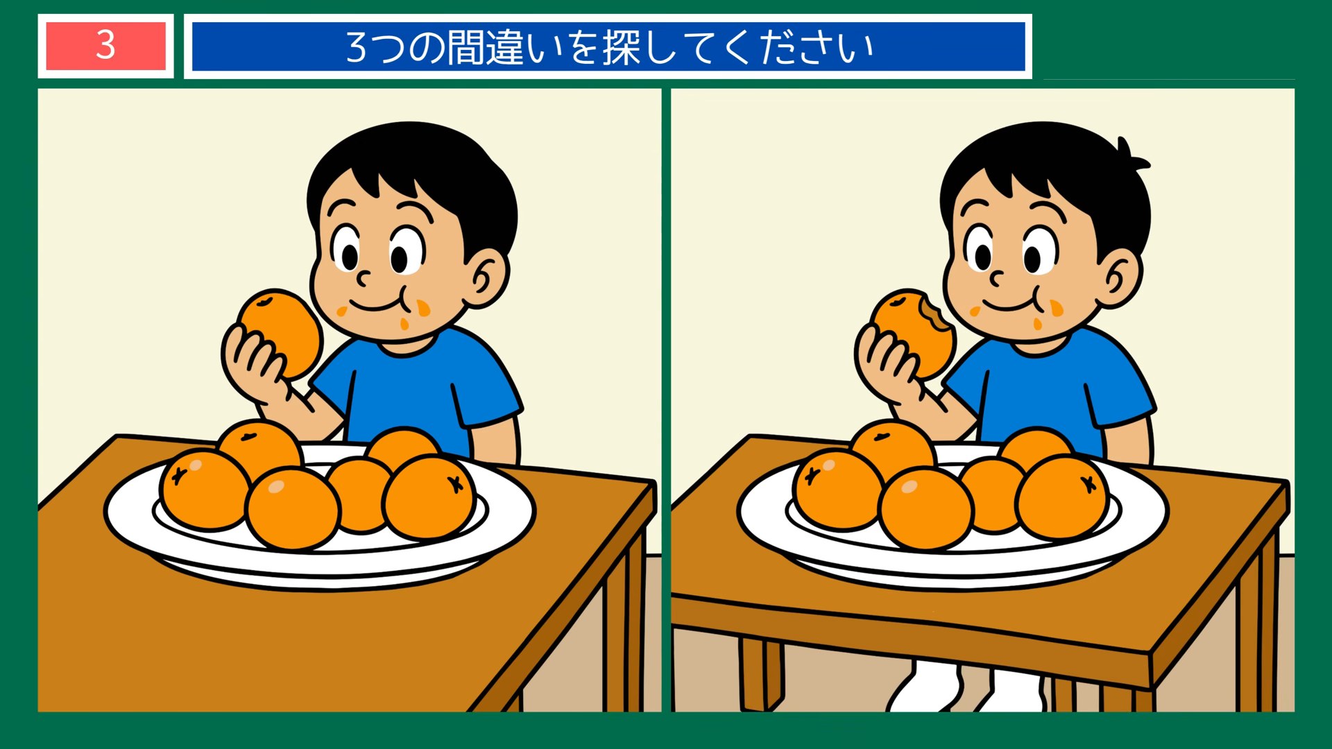 食事と手仕事の間違い探し 第3問 果物をほおばるの問題イラスト