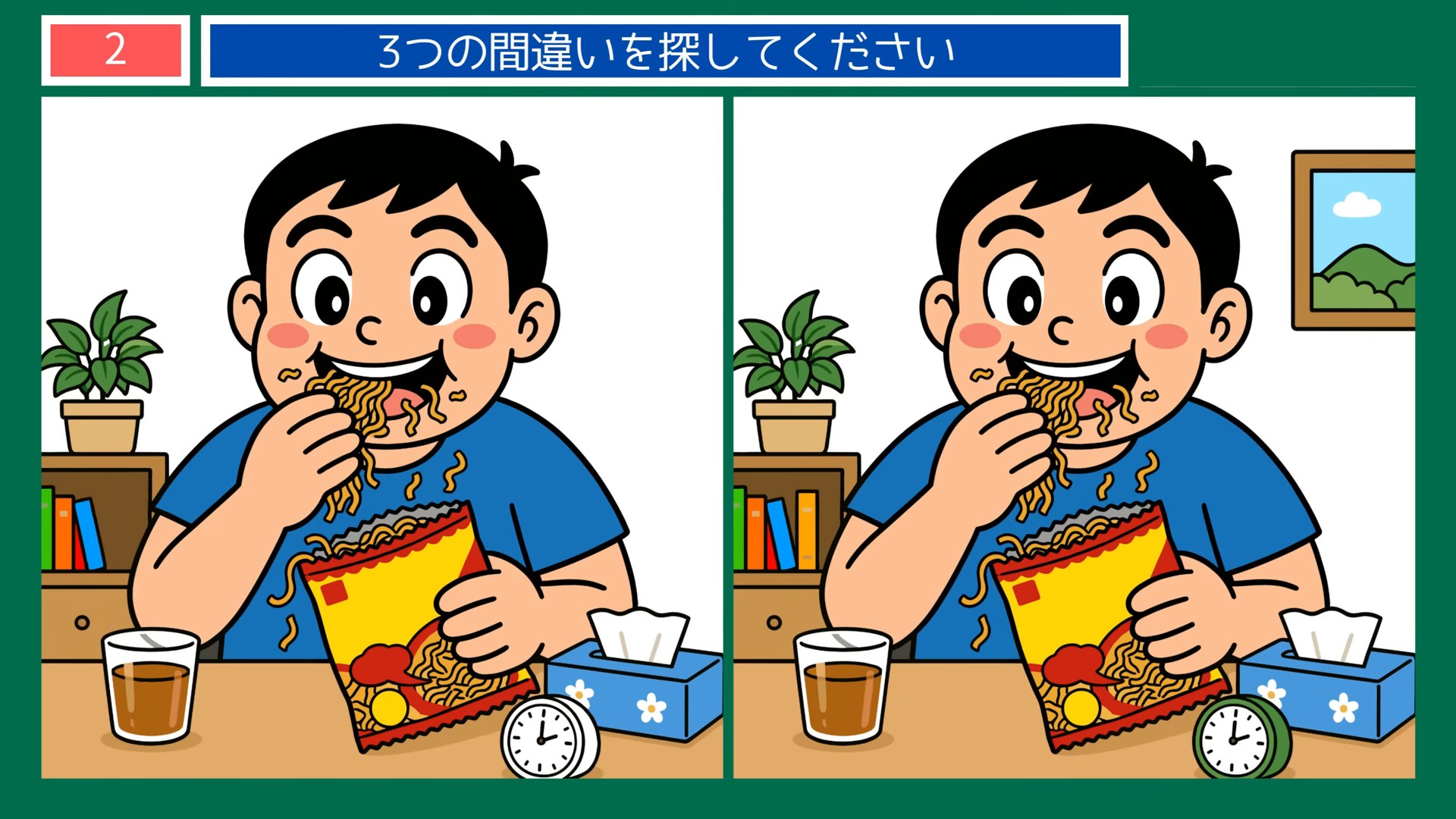 食卓と手仕事の間違い探し 第2問 駅弁の昼の問題イラスト