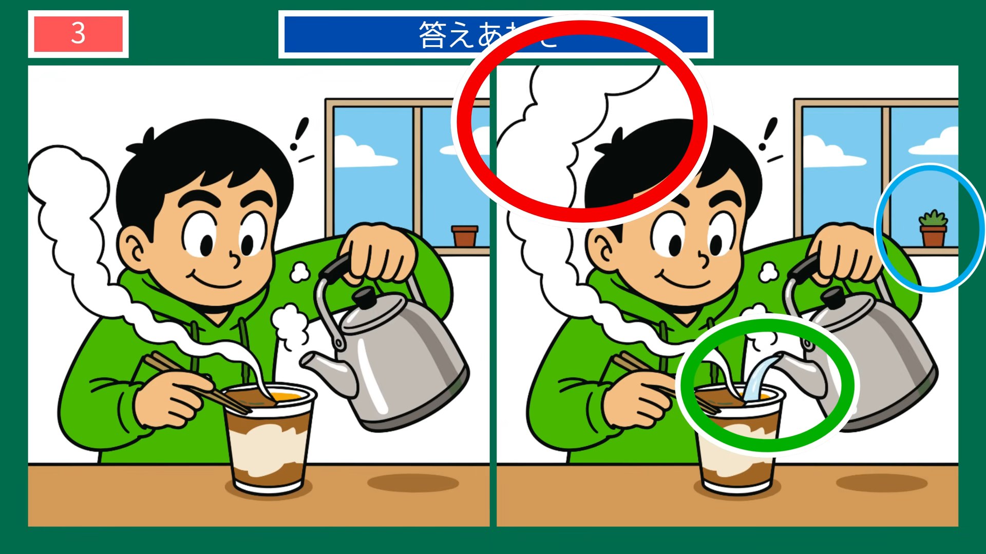 食卓と手仕事の間違い探し 第3問 カップ麺にお湯の答え