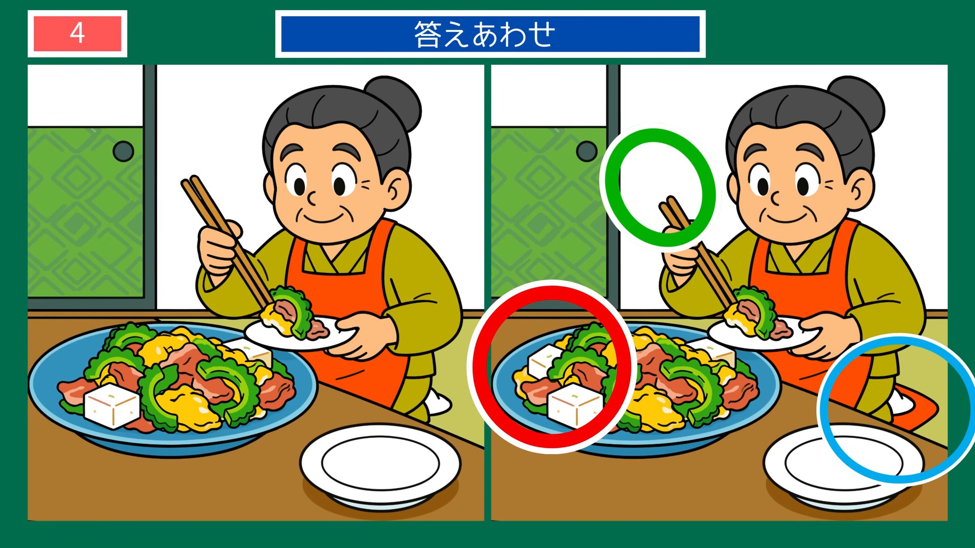 食卓と手仕事の間違い探し 第4問 大皿を取り分けるの答え