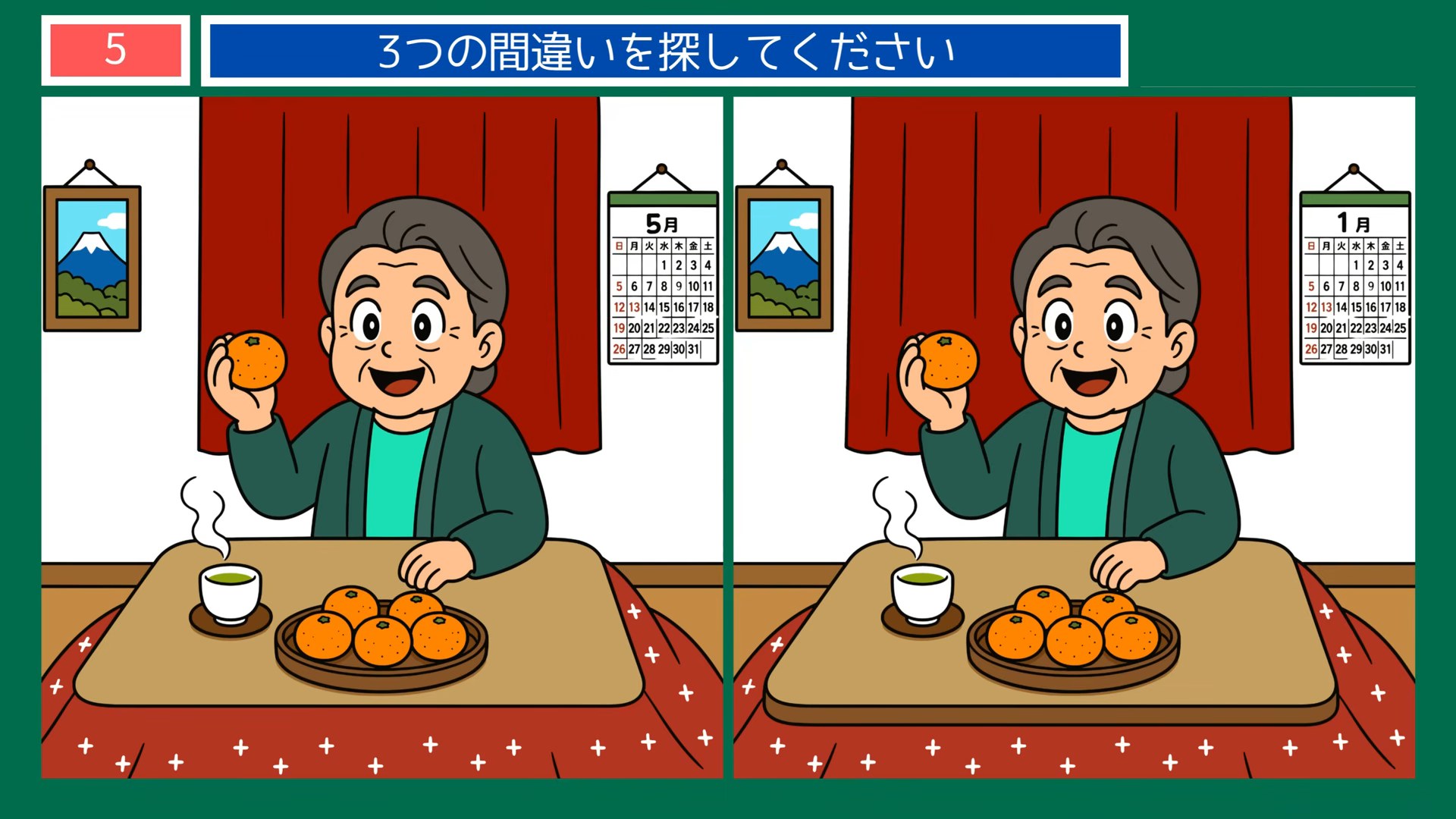 食卓と手仕事の間違い探し 第5問 みかんとお茶の問題イラスト