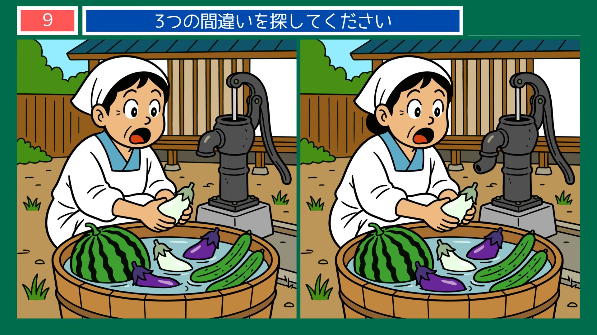 昭和の暮らしの間違い探し 第9問 井戸端で野菜を冷やすの問題イラスト