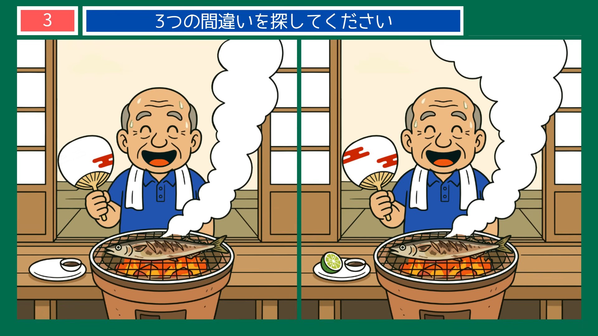 昭和の暮らしの間違い探し 第3問 七輪でさんまを焼くの問題イラスト