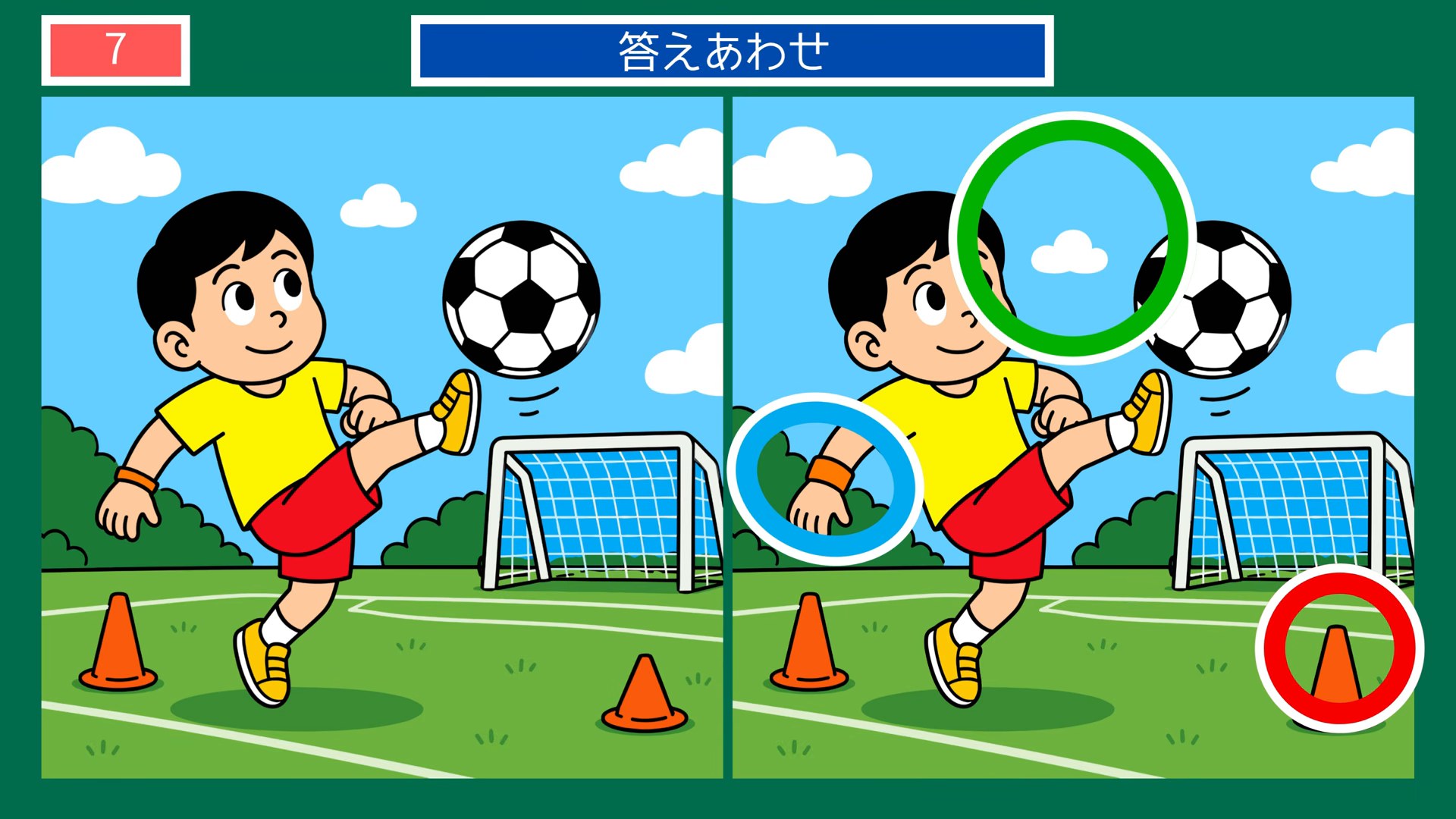 サッカーのある暮らしの間違い探し 第7問 ボールをけるの答え