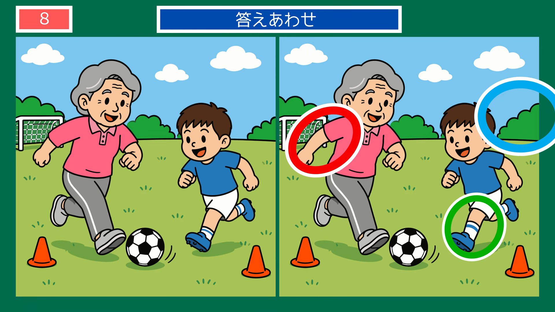 サッカーのある暮らしの間違い探し 第8問 公園でサッカーの答え
