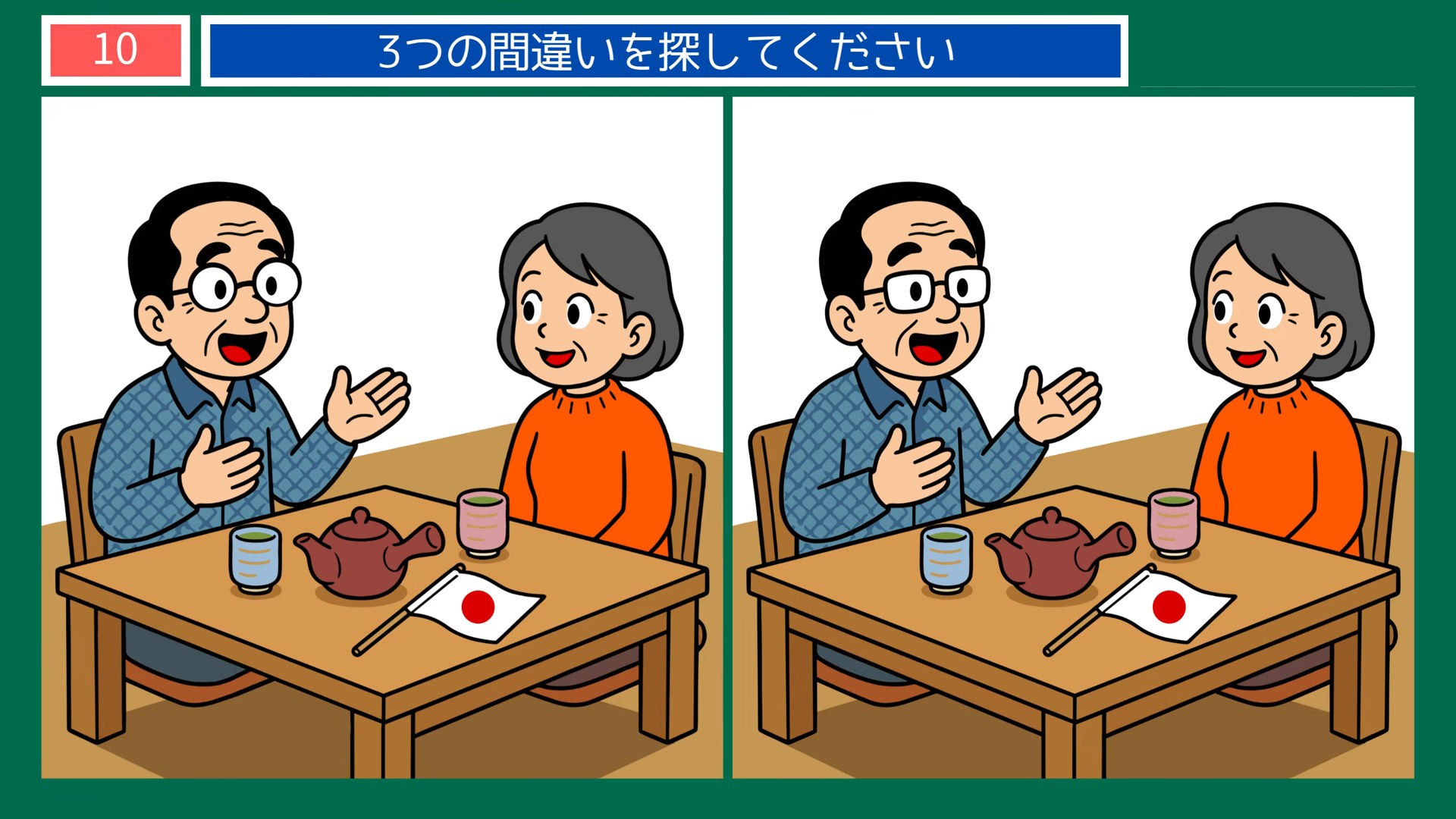 サッカーのある暮らしの間違い探し 第10問 お茶の時間の問題イラスト