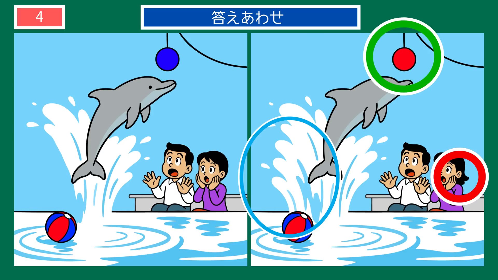 水族館の一日の間違い探し 第2問 イルカショーの答え