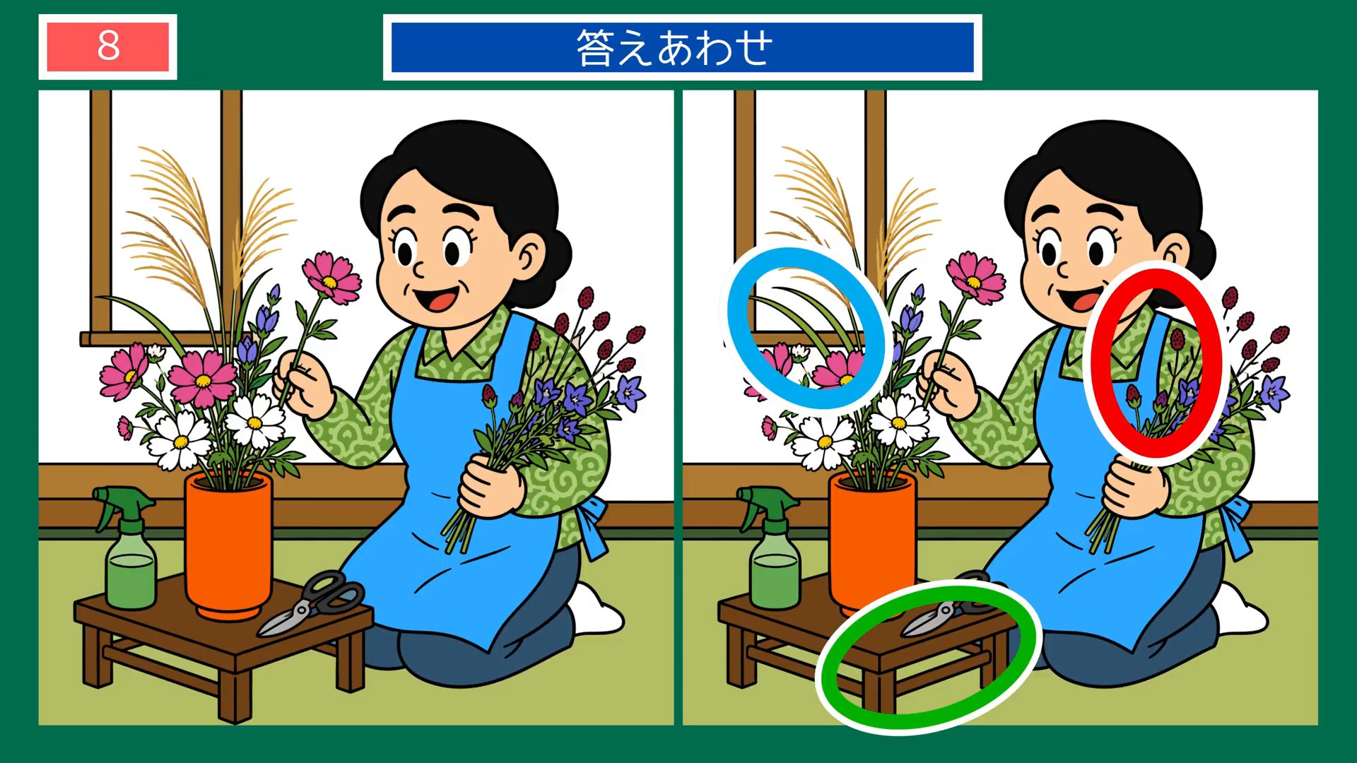 たのしいひとときの間違い探し 第7問 秋の花を活けるの答え