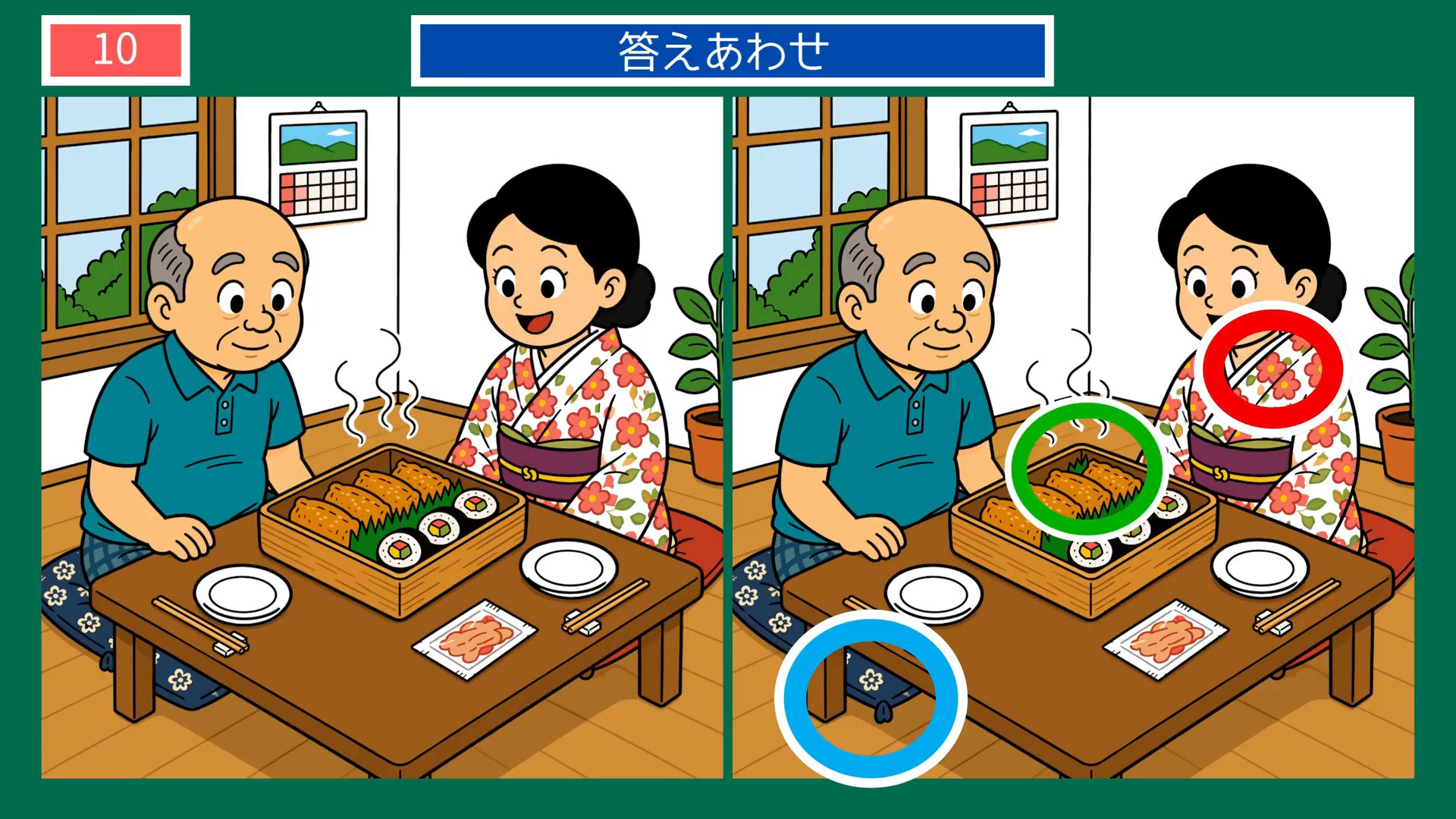 たのしいひとときの間違い探し 第9問 重箱を囲んでの答え