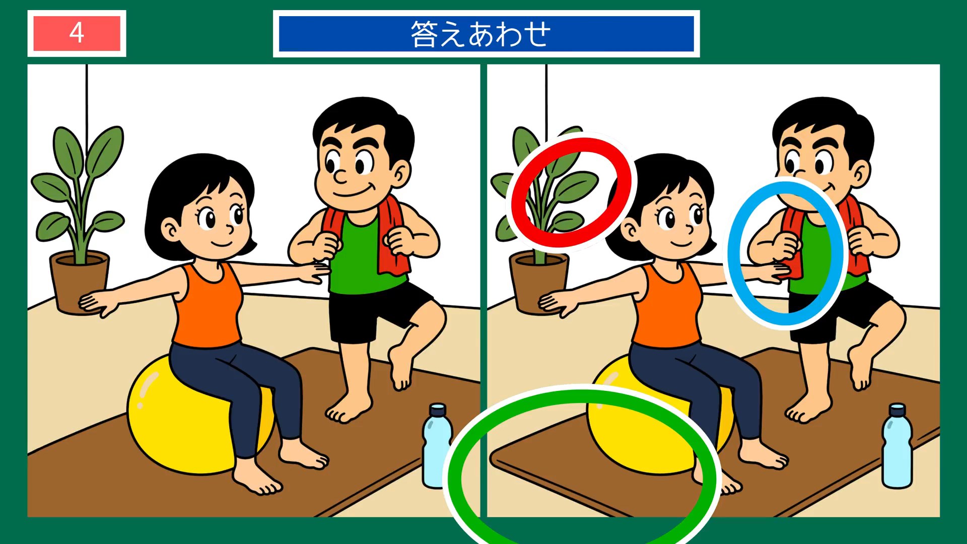 たのしいひとときの間違い探し 第4問 体をほぐす時間の答え