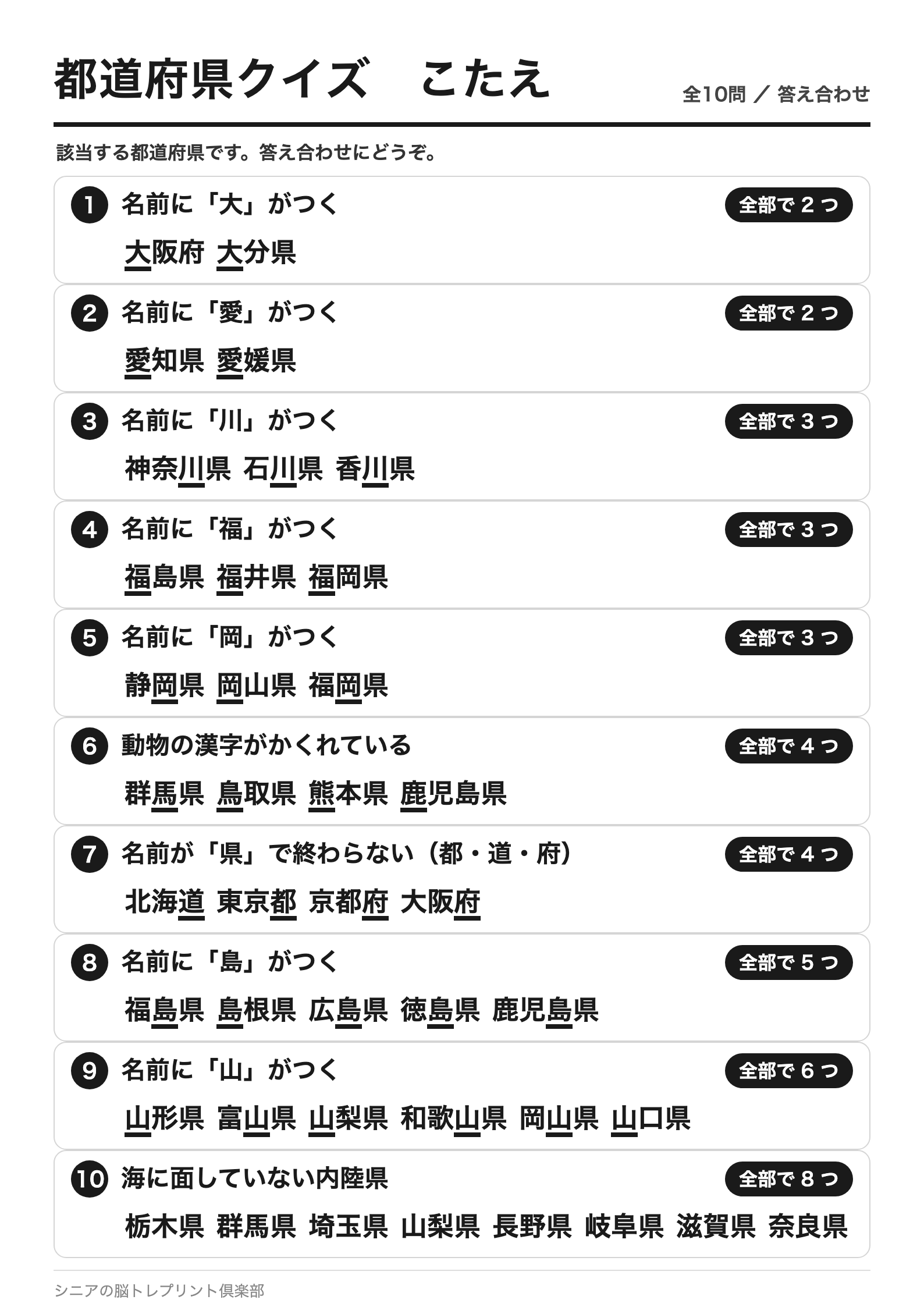 都道府県クイズ 条件RECALL 全10問 答えページ