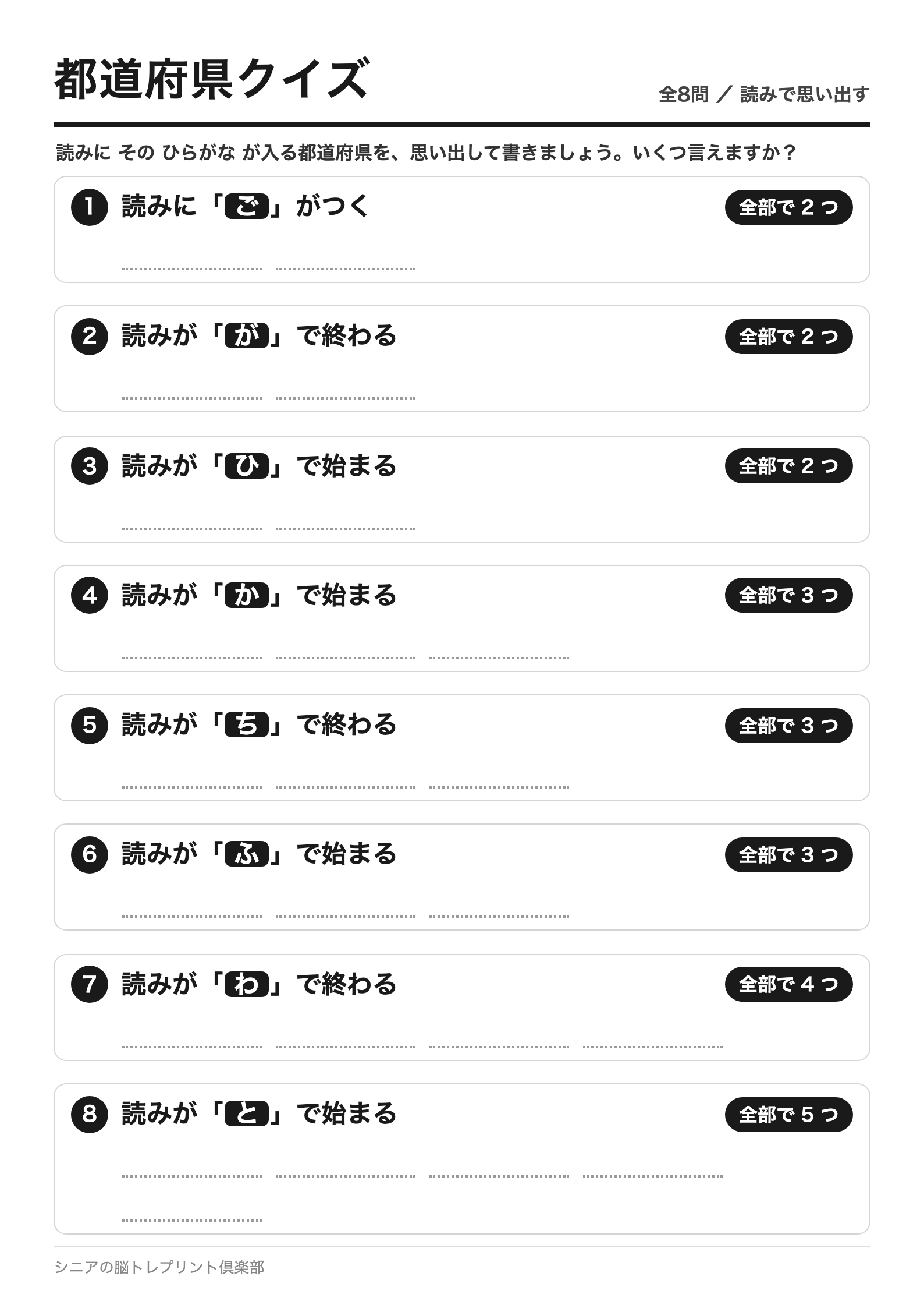 都道府県クイズ 読みで思い出す 全8問 問題ページ