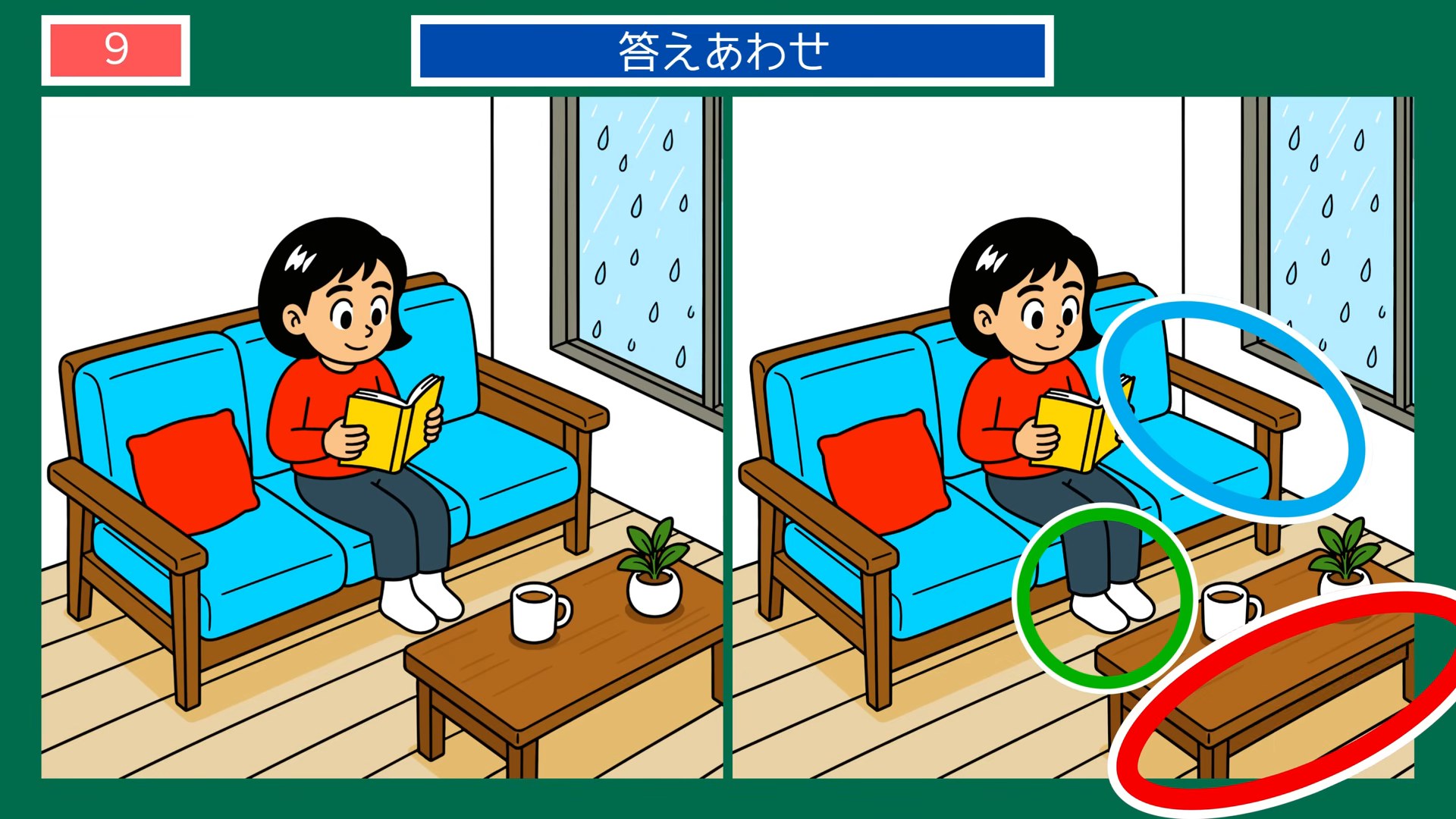 梅雨のくらしの間違い探し 第9問 雨の日の読書の答え