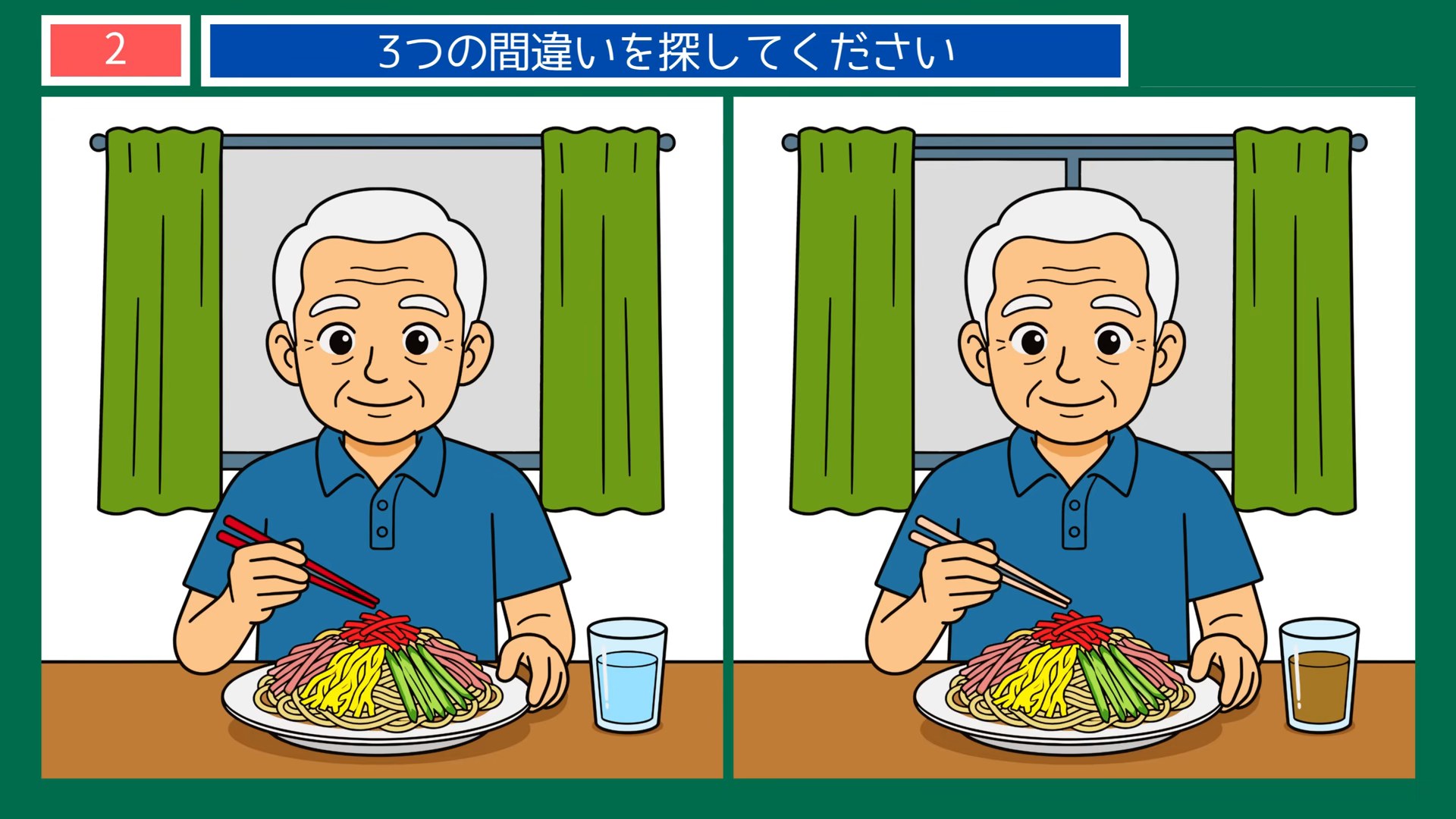 梅雨のくらしの間違い探し 第2問 冷やし中華の昼の問題イラスト