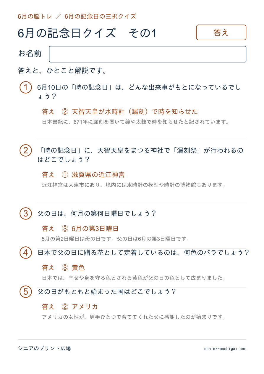 6月の記念日クイズの答えページ その1