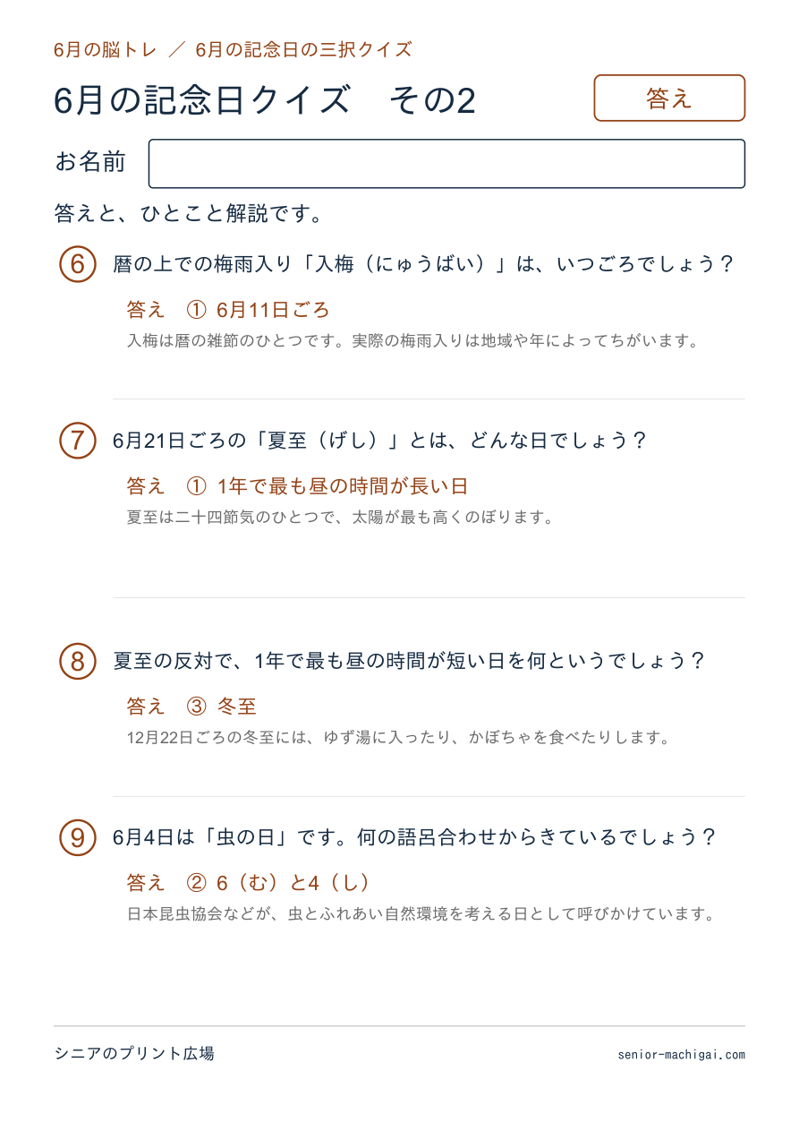 6月の記念日クイズの答えページ その2