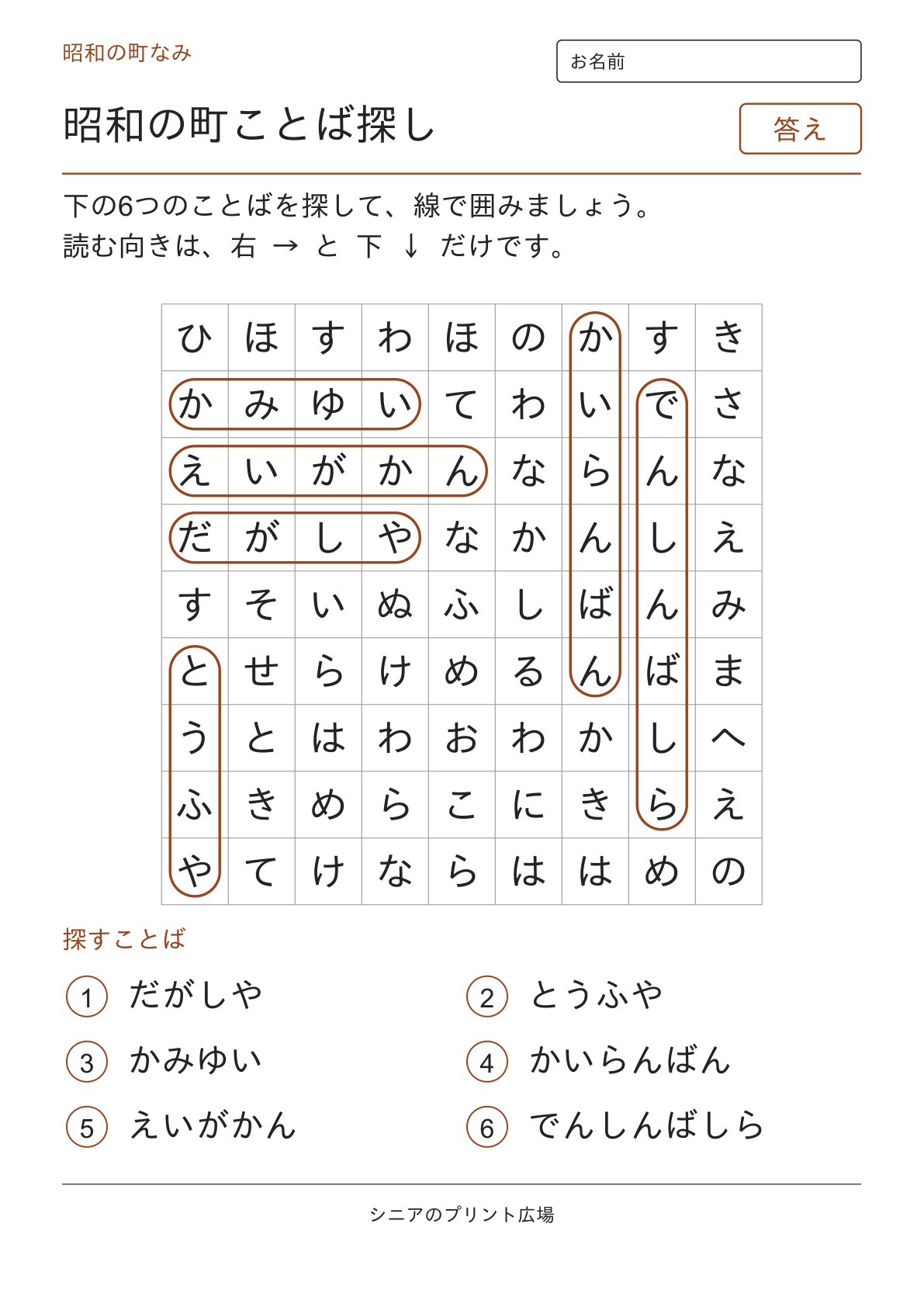 昭和のことばさがし(町なみ)の答えページ