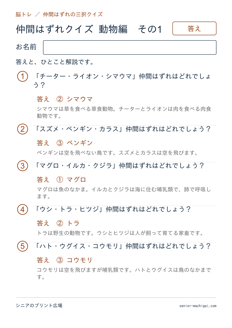仲間はずれクイズ 動物編の答えページ その1