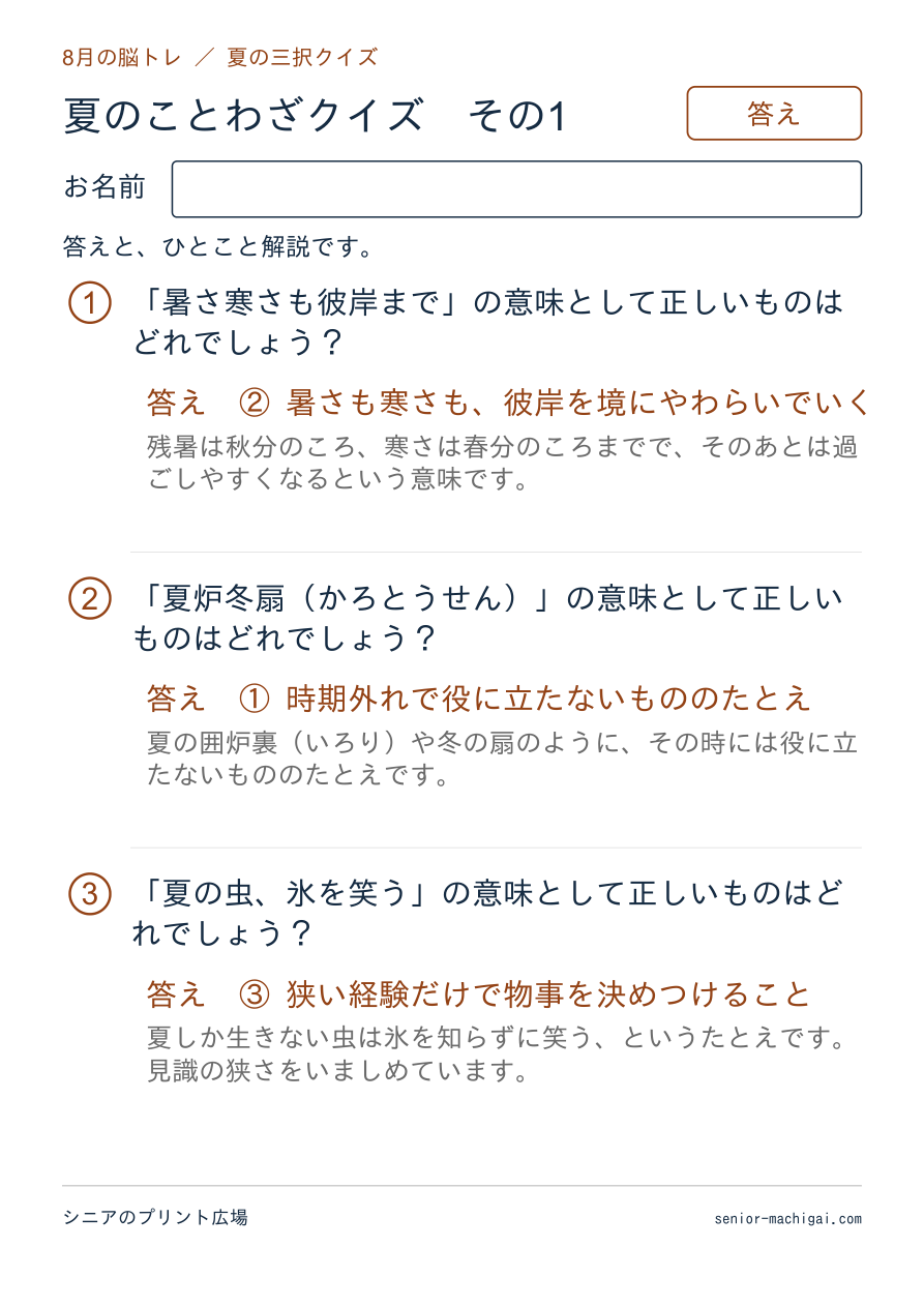 夏のことわざクイズの答えページ その1