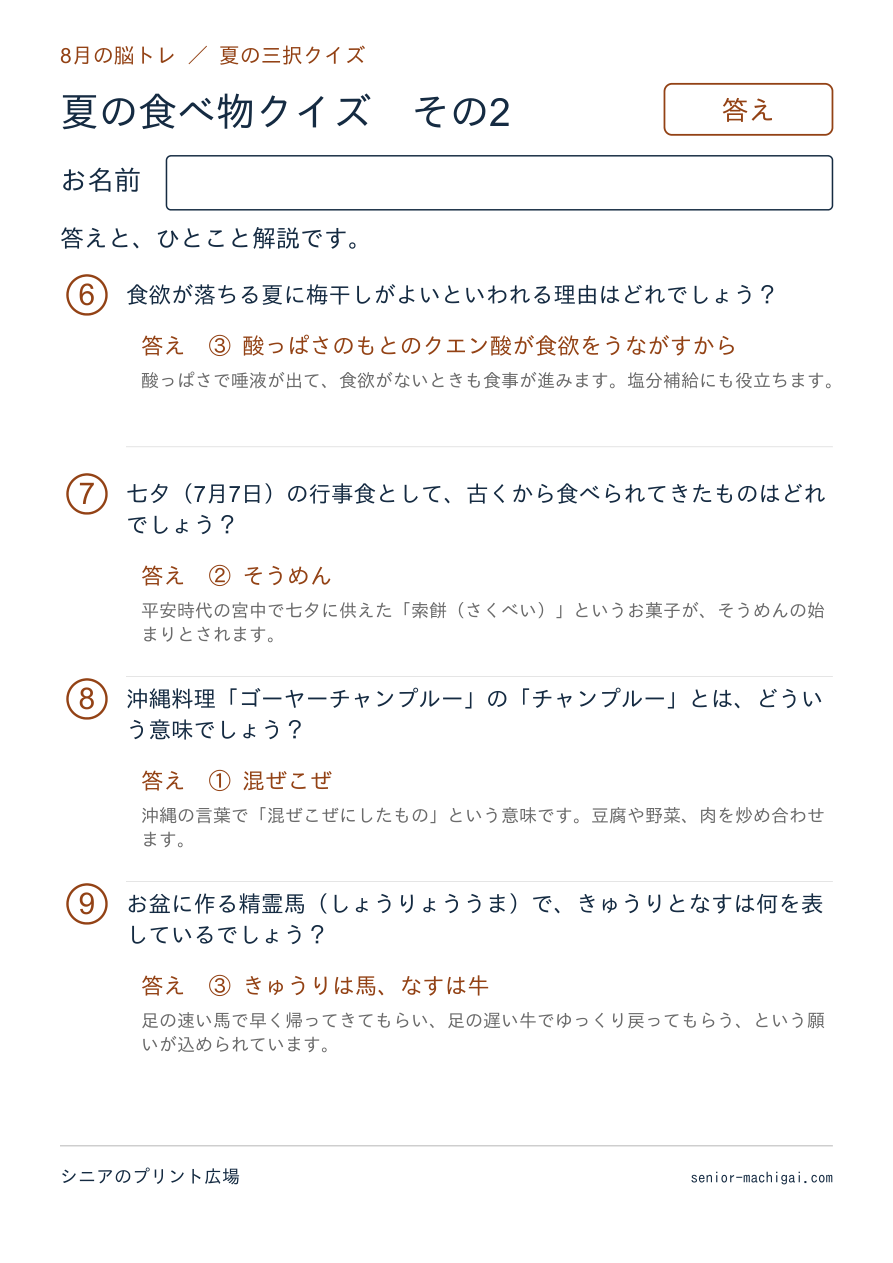 夏の食べ物クイズの答えページ その2