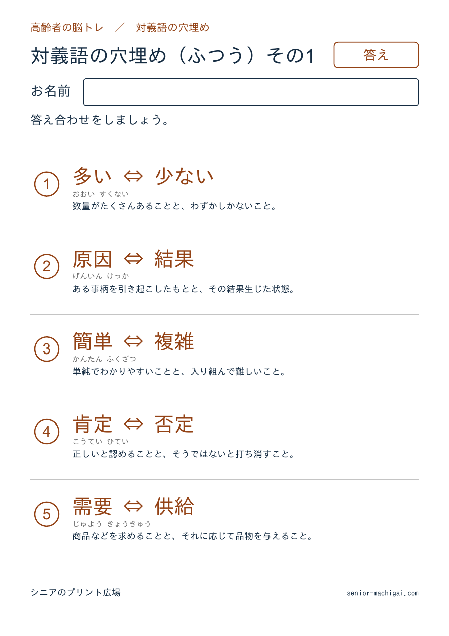 対義語の穴埋め 全15問 答えページ