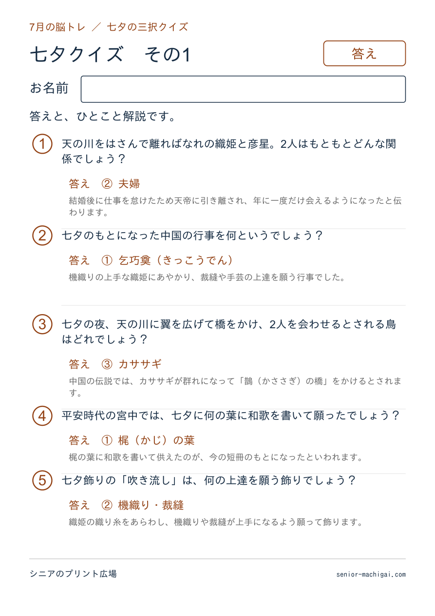 七夕クイズの答えページ その1