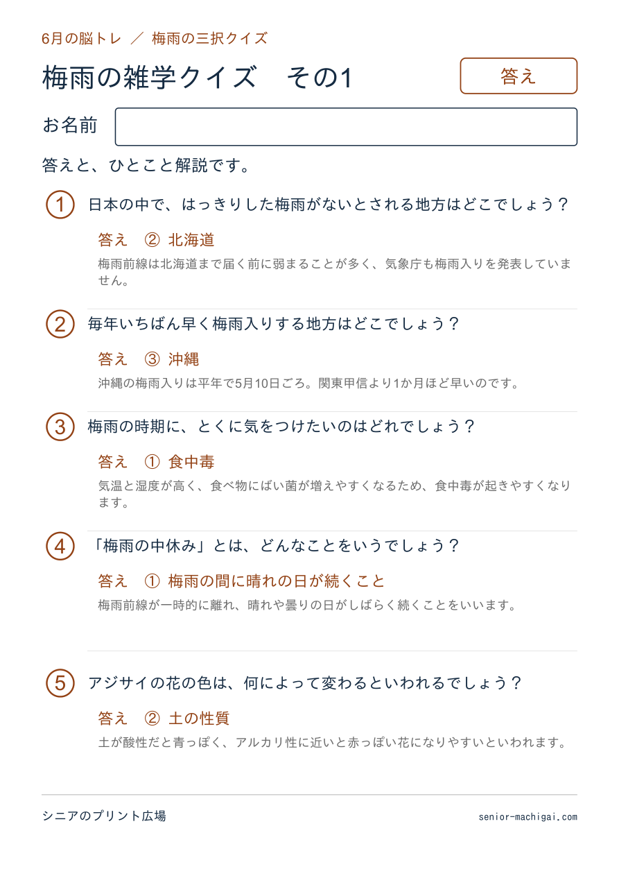 梅雨の雑学クイズの答えページ その1